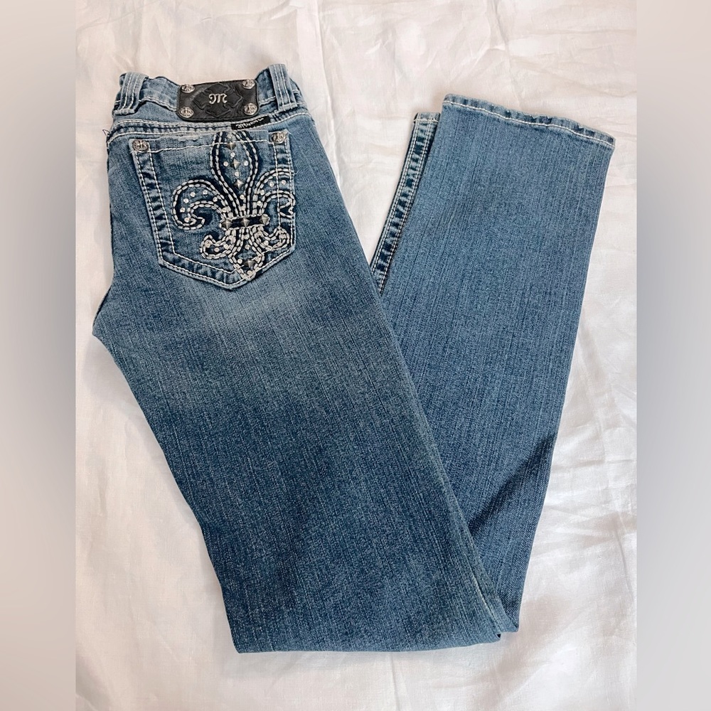 Miss Me Blue Straight Leg Jeans with Black and Silver Details
